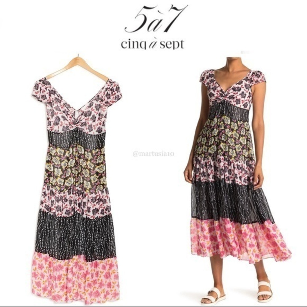 CINQ À SEPT Manuela Printed Tiered Midi Dress In Multi XS NWT 495$